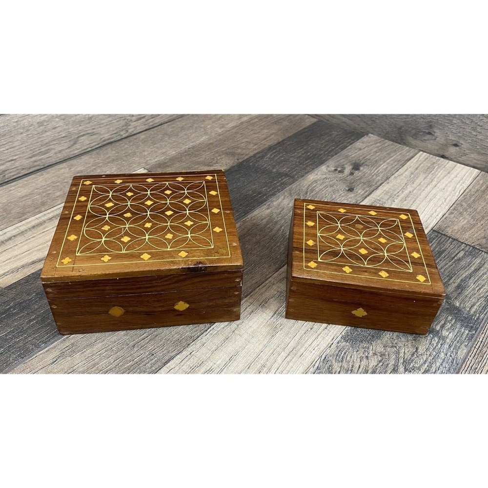 Vintage Nesting Inlaid Wood Hinged Box Set Trinket Jewelry Storage 4.5" Square